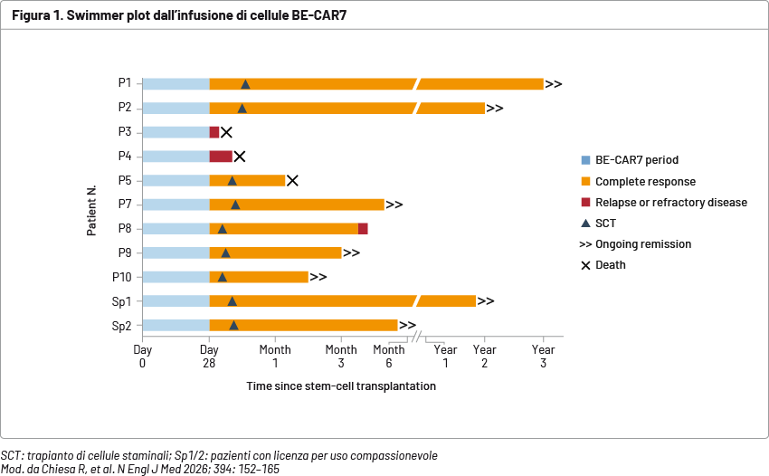Swimmer plot dall'infusione di cellule BE-CAR7